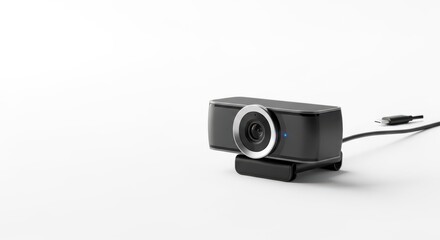 Webcam with sleek design, showcasing clarity and modern technology for video calls and streaming. Webcam connects via USB, featuring adjustable angle and high-definition lens for clear communication.