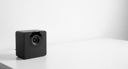 Obraz premium Modern speaker on white table enhances audio experience while blending seamlessly with minimalist decor. This modern speaker provides optimal sound quality, making it ideal for any contemporary space.