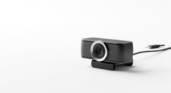 Webcam with sleek design, showcasing clarity and modern technology for video calls and streaming. Webcam connects via USB, featuring adjustable angle and high-definition lens for clear communication.