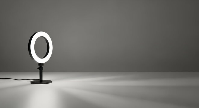 Modern illuminated lamp on tabletop casting soft shadows in minimalistic design. Stylish lamp features circular shape and adjustable brightness for versatile use in home or office environments.