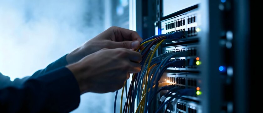 Technician Connecting Network Cables in Server Rack