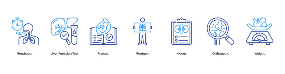 Clinical Health Monitoring web banner icon vector illustration featuring Respiration, Liver Function Test, Prenatal, Rontgen, Kidney, Orthopedic, and Weight for comprehensive body system checks.