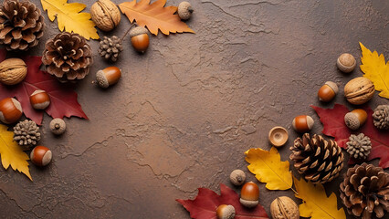 Seasonal flat lay of autumn's bounty with pine cones, walnuts, and acorns arranged as a frame on a rustic brown background