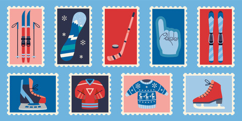 Postage stamps with winter sports equipment. Skiing, snowboarding and skating, cold season gear concept. Trendy modern vector illustration, hand drawn, flat design