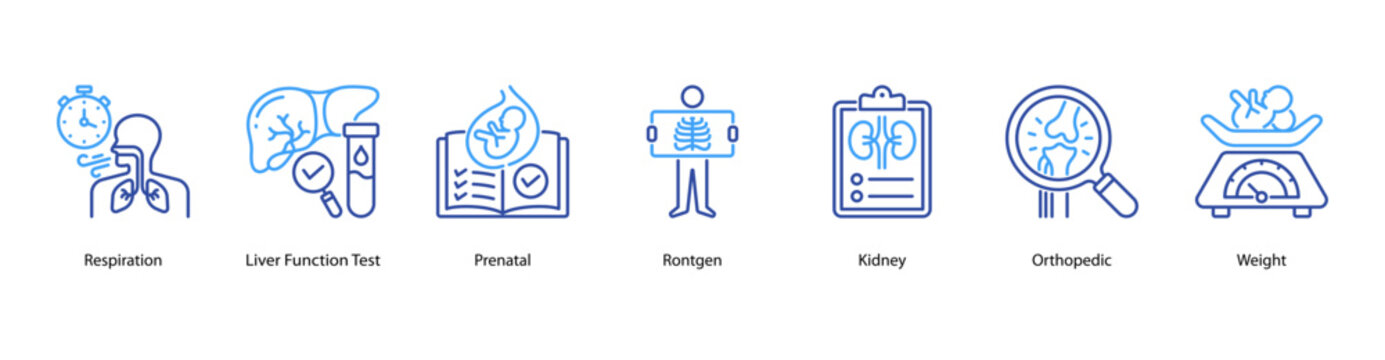Clinical Health Monitoring web banner icon vector illustration featuring Respiration, Liver Function Test, Prenatal, Rontgen, Kidney, Orthopedic, and Weight for comprehensive body system checks.