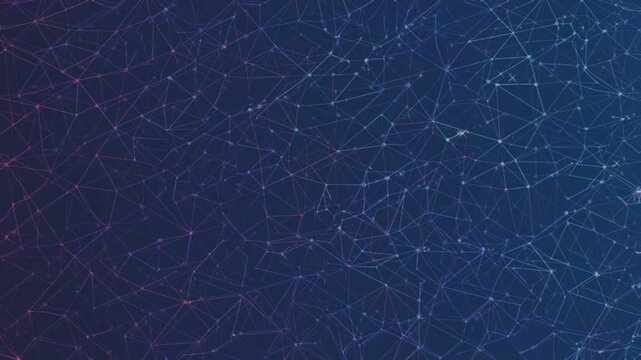 Network of interconnected lines and dots in shades of blue and pink against a dark blue gradient background