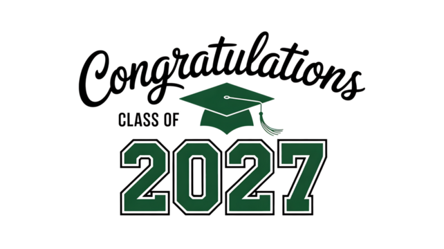 Congratulations class of 2027 graduation cap and year text graphic with elegant script typography