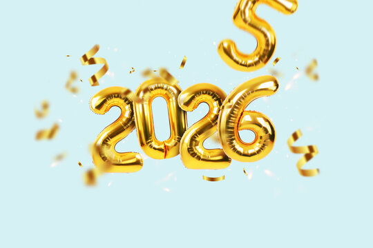Golden 2026 foil balloons floating amidst falling confetti on a light blue background. Festive, dynamic, and fun concept for New Year's Eve, party invitations, celebration. 2026 replaced 2025 creative