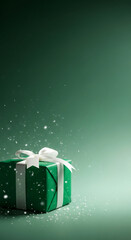 Green gift box with a white ribbon, sitting against a green background with falling snow, representing celebration, present, christmas, holidays and happiness