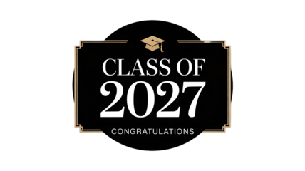 Elegant class of 2027 congratulations emblem with graduation cap and art deco border, celebratory graphic design