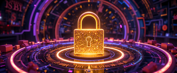 3D golden glowing sparkling standing lock with dark gradient key hole core surrounded by rotating binary numbers neon purple, red, and blue rings, intricate details, golden flecks of light fall on the