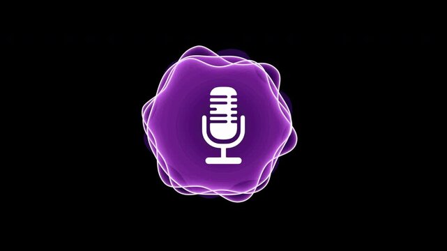 Voice audio assistant with white microphone icon centered in a glowing purple circle surrounded by oscillating sound wave rings on a black background