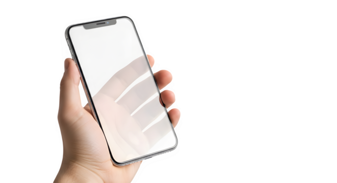Hand holding a modern smartphone with a blank screen for app display, isolated on transparent background - Powered by Adobe