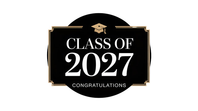 Elegant class of 2027 congratulations emblem with graduation cap and art deco border, celebratory graphic design