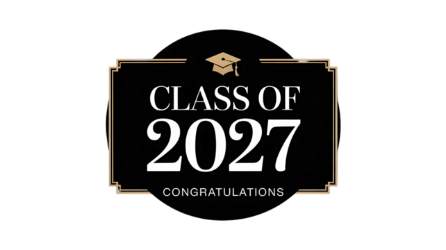 Elegant class of 2027 congratulations emblem with graduation cap and art deco border, celebratory graphic design