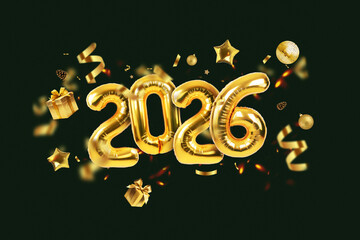 Golden 2026 foil balloons centered amidst falling confetti, gifts, and holiday ornaments on a dark background. Festive, luxurious concept for New Year's Eve party invitations and greetings