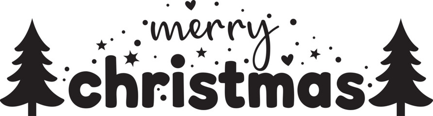 Cute Merry Christmas Lettering with Trees and Stars: Decorative Holiday Typography Vector Graphic