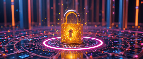 3D golden glowing sparkling standing lock with dark gradient key hole core surrounded by rotating binary numbers neon purple, red, and blue rings, intricate details, golden flecks of light fall on the