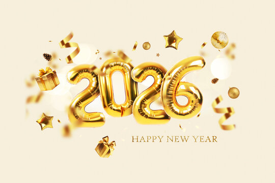 Happy New Year 2026 helium balloons with confetti on a beige background. New Year and Christmas 2026, creative idea. Golden Text Texture Happy New Year
