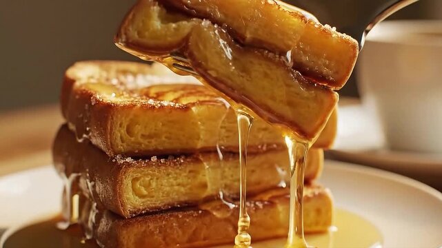 Golden french toast stack with syrup dripping, perfect breakfast