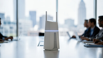White 5G router placed on conference table during meeting with people working on laptops, concept of modern communication technology and connectivity in business environments.