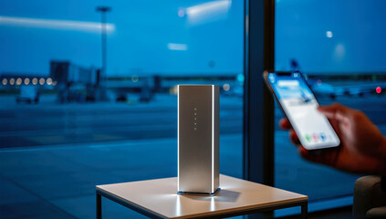 Modern metallic router on table near airport window, illuminated by blue light from evening glow.