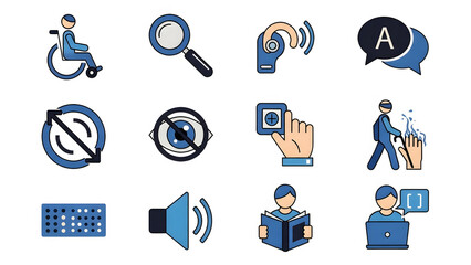 Inclusive Design Icons: A collection of accessible and inclusive design icons, representing the diverse needs and capabilities of users, fostering universal accessibility and a user-centric approach.