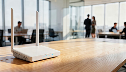 Sleek white router on wooden table with background figures engaged in discussion. Represents modern communication technology, internet connectivity, and business workspace dynamics.