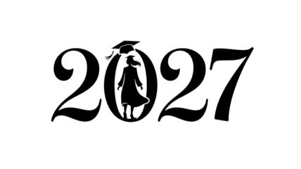 Class of 2027 graduation symbol with graduate silhouette in decorative font on transparent background
