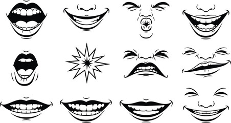 Set of cartoon mouth expressions featuring smiles, laughter, and shouting, black and white vector illustration for character design.
