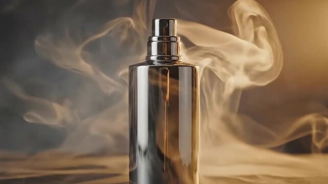 Luxurious perfume bottle surrounded by dramatic smoky mist effect