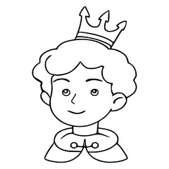 Charming vector illustration of a smiling prince wearing a crown and a royal cape with decorative clasps.