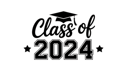 Graduation cap and text 'class of 2024' with stars isolated on white background, symbol of academic achievement and future.