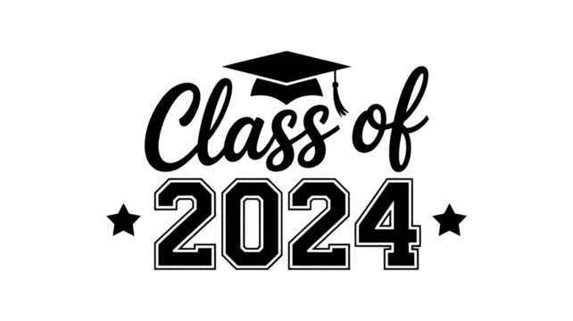 Graduation cap and text 'class of 2024' with stars isolated on white background, symbol of academic achievement and future.