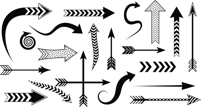 Set of decorative black arrows, vector hand drawn pointer collection, tribal boho direction symbols, doodle sketch design elements for infographics.