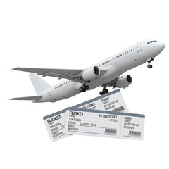 Airplane taking off with boarding passes in foreground