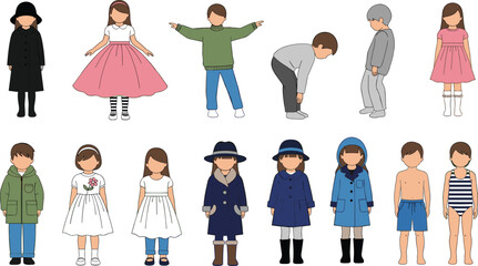 Set of diverse faceless children characters standing in seasonal outfits, boys and girls fashion collection, winter and summer clothes, vector.