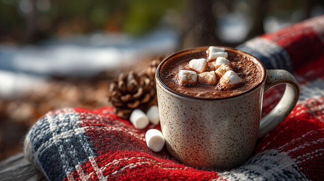 Hot chocolate with marshmallows on a cozy winter blanket