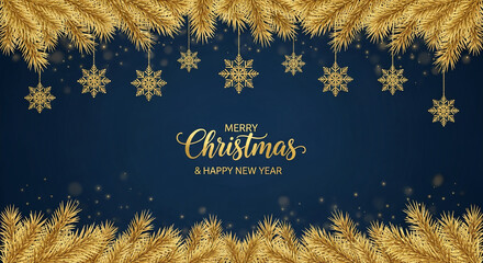 Festive image of golden pine branches and snowflake ornaments on a blue backdrop, signifying holiday spirit, celebration, and festive greeting card