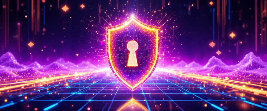 Purple neon golden sparkling cyber shield with deep golden gradient key hole with high-detail mesh metallic glass shine patterns, data packet light streaks, glowing hexagons, abstract digital fortress