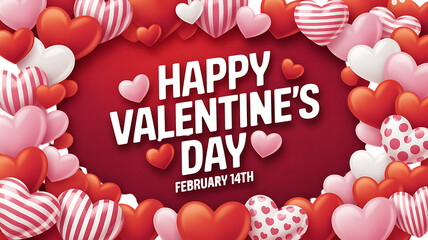 Happy valentine's day greeting with many red and pink hearts on a red background, february 14th celebration