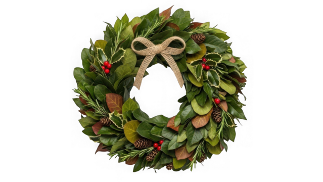 Festive holiday wreath with green leaves, red berries, pinecones, and a rustic burlap bow, isolated on transparent background