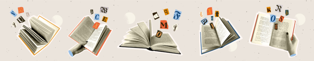 Fototapeta na wymiar Trendy halftone stickers. Cut out letters flying out of open books with vintage dotted texture. Literature and reading. Realistic vector illustration collection isolated on background