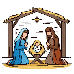 Vector illustration of faceless Nativity scene with Mary, Joseph and baby Jesus in stable. Concept of religious Christmas, Christian faith and holy tradition