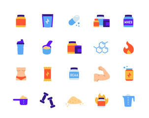 Sport supplements and fitness nutrition icon set. Colorful signs with jar of protein and energy supplements for muscle growth and strength. Flat vector illustration collection isolated on background