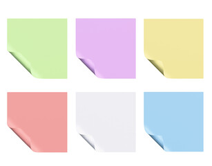 Set of pastel colored sticky notes, note papers with curled corners. Infographic material.