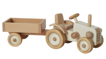 Nostalgic handcrafted wooden toy tractor with trailer ready for imaginative play