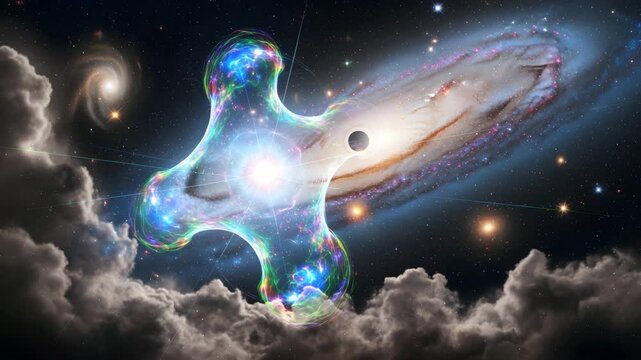 Cosmic anomaly nebula galaxy black hole swirling energy light explosion stars clouds abstract 4K Ai HD high quality video.
