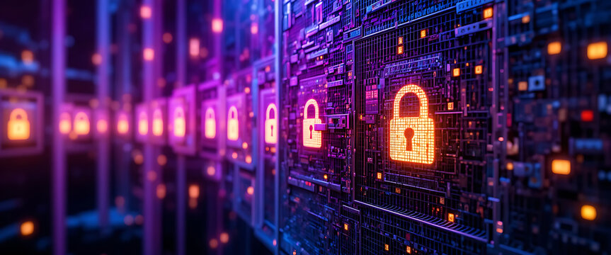 Futuristic firewalls visualization in deep purple and blue gradient hues, layered mesh wall metallic textures, floating encryption golden glowing keys, luminous digital symbols,