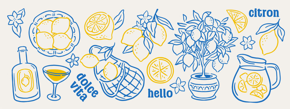 Set of lemon icon. Doodle sketches of yellow Italian lemons, lemonade, lemon tree, and cider. Summer Citrus Fruit. Design for Cafe Menu. Hand drawn outline vector illustration isolated on background